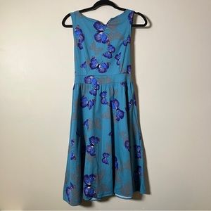 Butterfly print Dress fit & flare 100% Cotton Blue Teal Sleeveless tea party